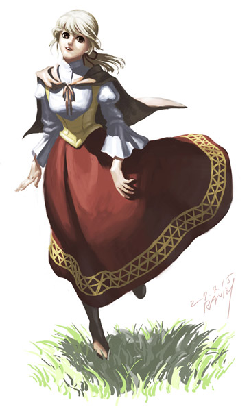 1girl alma_beoulve blonde_hair breasts cape female_focus final_fantasy final_fantasy_tactics grass long_hair long_sleeves looking_at_viewer parted_lips ransei red_skirt running shirt simple_background skirt smile solo white_background white_shirt