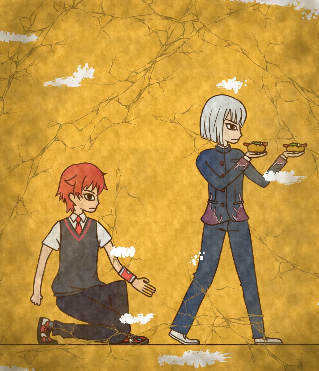 10s 2boys anti_(ssss.gridman) black_pants blue_eyes blue_pants blue_shirt collared_shirt commentary_request crack egyptian_art food gridman_universe hibiki_yuuta highres holding holding_food hot_dog kita_(7kita) male_focus multiple_boys necktie on_one_knee pants red_hair red_neckwear school_uniform shirt shoes short_sleeves silver_hair sneakers ssss.gridman vest waistcoat white_footwear white_shirt wing_collar yellow_background