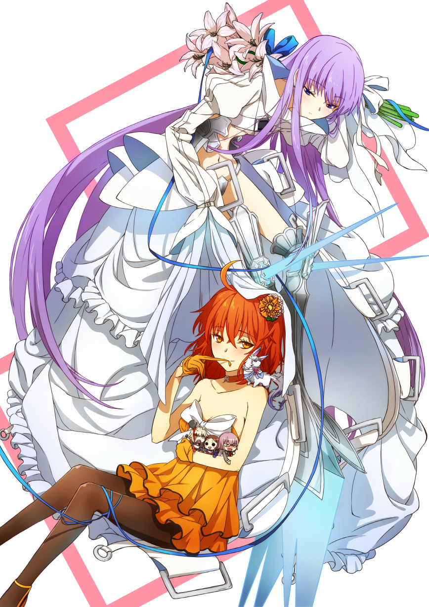 5girls ahoge armor armored_boots bikini black_dress black_gloves black_legwear blue_ribbon boots bouquet brown_hair command_spell crotch_plate dress fate/extra fate/extra_ccc fate/grand_order fate_(series) flower fou_(fate) fujimaru_ritsuka_(female) fujimaru_ritsuka_(female)_(starlight_fest) glasses gloves greaves hair_flower hair_ornament hair_over_one_eye hair_scrunchie highres holding holding_flower jacket jeanne_d&#039;arc_(fate) jeanne_d&#039;arc_alter_(fate) jeanne_d&#039;arc_alter_(swimsuit_berserker)_(fate) leonardo_da_vinci_(fate) leonardo_da_vinci_(fate/grand_order) leonardo_da_vinci_(rider)_(fate) light_purple_hair lily_(flower) long_hair long_sleeves mash_kyrielight meltryllis_(fate) meltryllis_(third_ascension)_(fate) multiple_girls necktie official_alternate_costume oiun one_side_up orange_eyes orange_hair pantyhose prosthesis prosthetic_leg puff_and_slash_sleeves puffy_sleeves purple_hair revealing_clothes ribbon riyo_(lyomsnpmp)_(style) scrunchie short_hair side_ponytail sleeves_past_fingers sleeves_past_wrists solid_circle_eyes swimsuit very_long_hair white_flower yellow_eyes