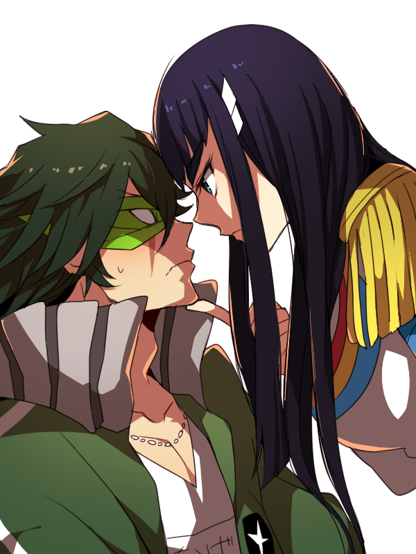 10s 1boy 1girl bad_id bad_pixiv_id black_hair blue_eyes eye_contact frown green_hair jacket jewelry kill_la_kill kiryuuin_satsuki long_hair looking_at_another mask mojya necklace sanageyama_uzu serious white_background