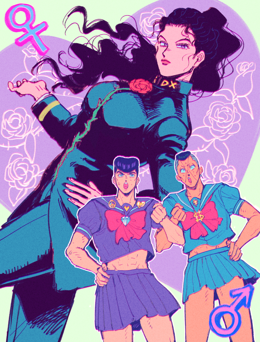1girl 2boys abs commentary crossdressing diamond_wa_kudakenai dollar_sign gakuran higashikata_josuke highres jojo_no_kimyou_na_bouken long_hair multiple_boys nijimura_okuyasu oniyama831 open_mouth peace_symbol pompadour school_uniform sweat yamagishi_yukako yen_sign