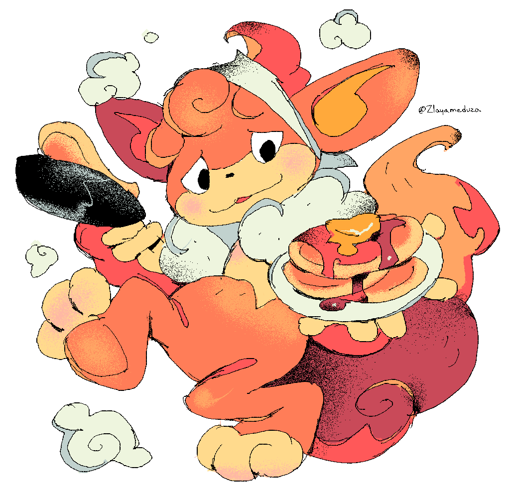 artist_name black_eyes blush commentary food frying_pan full_body gen_5_pokemon holding holding_food holding_frying_pan nintendo no_humans pancake pancake_stack plate pokemon pokemon_(creature) simisear simple_background solo white_background zlayameduza