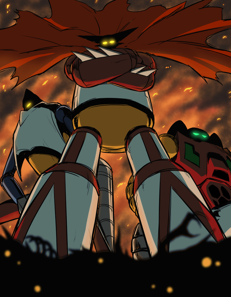 arm_blade blade bone cape crossed_arms drill embers getter-1 getter-2 getter-3 getter_robo getter_robo_(classic) glowing glowing_eyes looking_down mecha mecha_focus no_humans robot shouji_nigou smoke torn_cape torn_clothes weapon