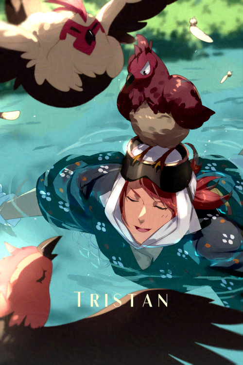 1boy animal bird chicken closed_eyes echo_(circa) fate/grand_order fate_(series) feathered_wings feathers grass official_alternate_costume open_mouth red_hair river smile swimming tristan_(chicken_of_luluhawa)_(fate) tristan_(fate) wings