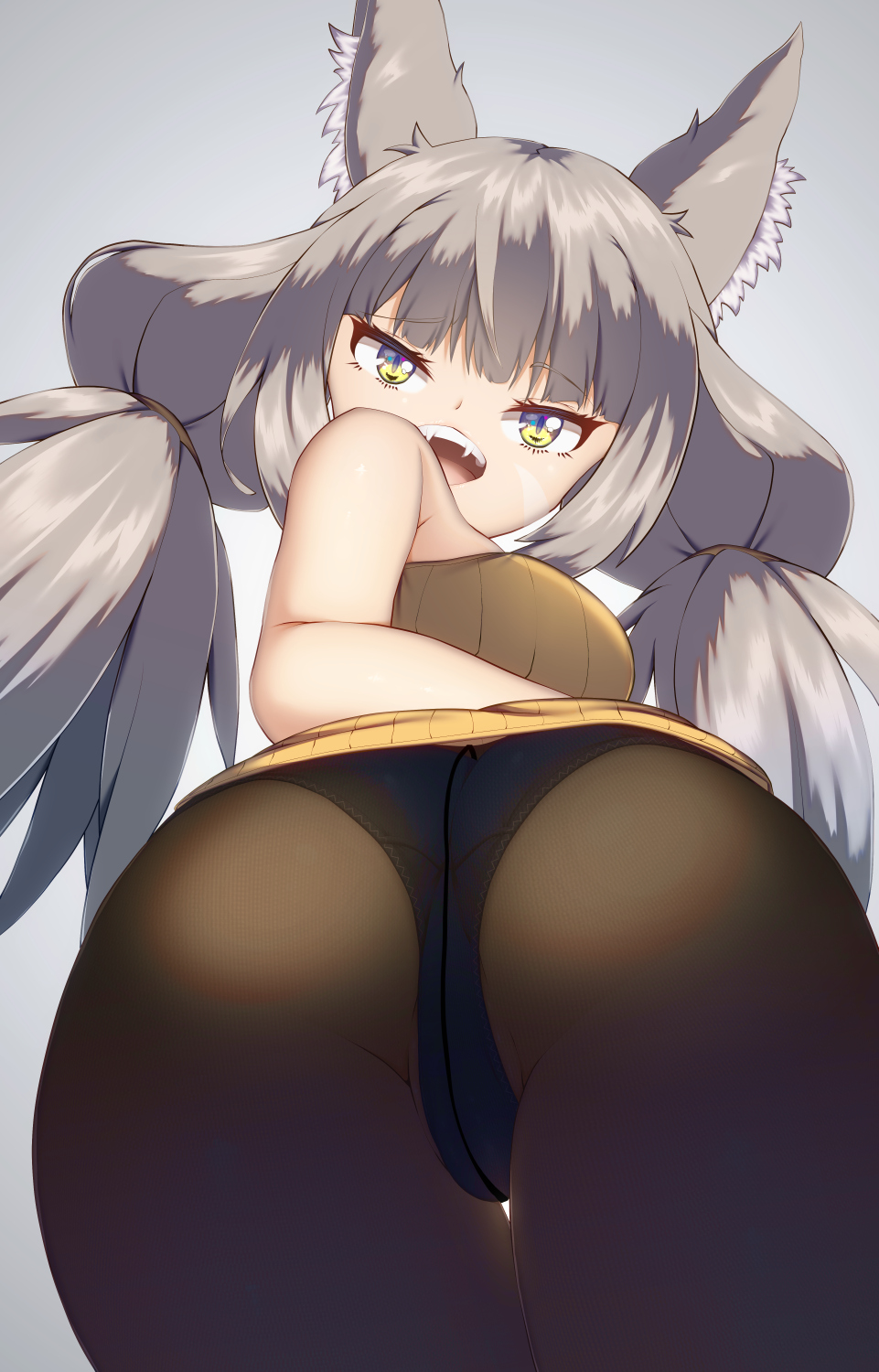 1girl animal_ears ass ass_focus bare_shoulders blush breasts cameltoe cat_ears dress embarrassed facial_mark fangs from_behind from_below grey_hair huge_ass long_hair looking_at_viewer looking_back looking_down low_twintails medium_breasts moe_rils nia_(blade)_(xenoblade) nia_(xenoblade) open_mouth panties panties_under_pantyhose pantyhose short_dress sideboob smile solo turtleneck turtleneck_dress twintails underwear very_long_hair xenoblade_chronicles_(series) xenoblade_chronicles_2 yellow_eyes