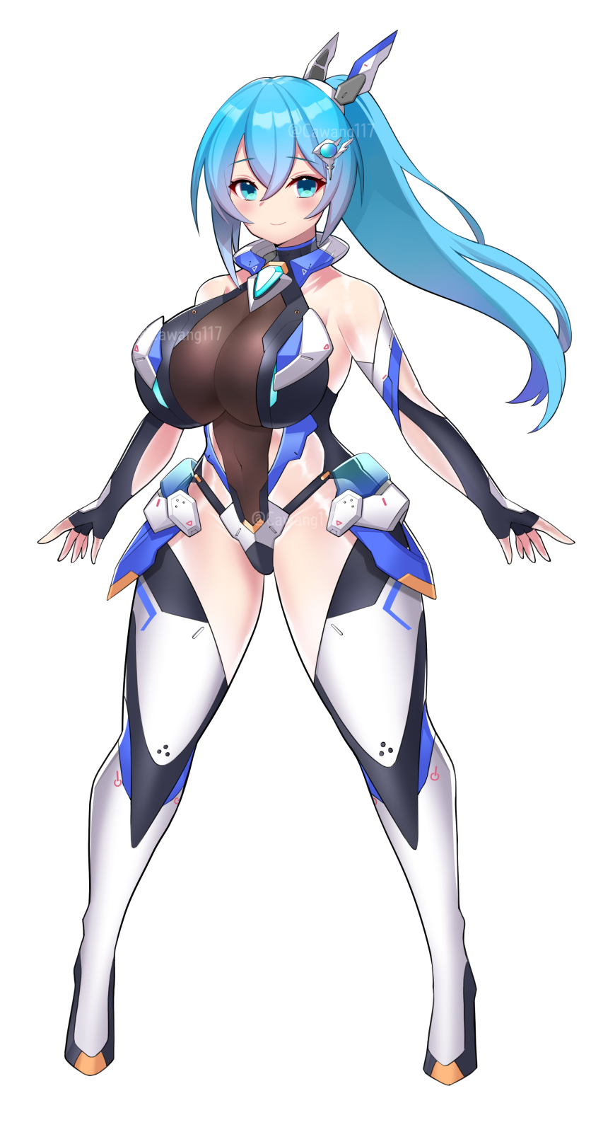 1girl bare_shoulders black_gloves blue_eyes blue_hair breasts cawang choker cleavage covered_navel detached_sleeves elbow_gloves fingerless_gloves gloves hair_ornament hairclip highres huge_breasts large_breasts leotard long_hair looking_at_viewer navel ortina_lillibel_(yashiro_sousaku) ponytail see-through_clothes solo thighhighs thighs watermark