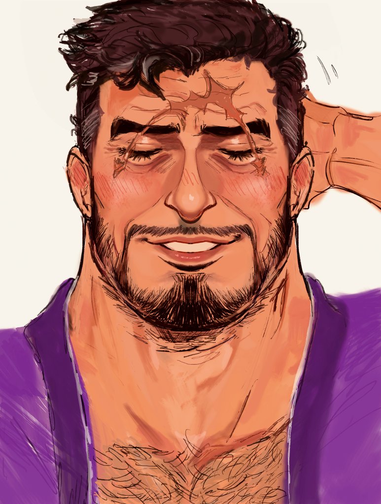 1boy bara black_hair blind blush chest_hair cyberrwaffle facial_hair fujitora_(one_piece) male_focus mature_male motion_lines mustache_stubble neckbeard one_piece open_clothes rubbing_head scar scar_across_eye scar_on_face scar_on_forehead short_hair shy simple_background solo straight-on stubble thick_neck