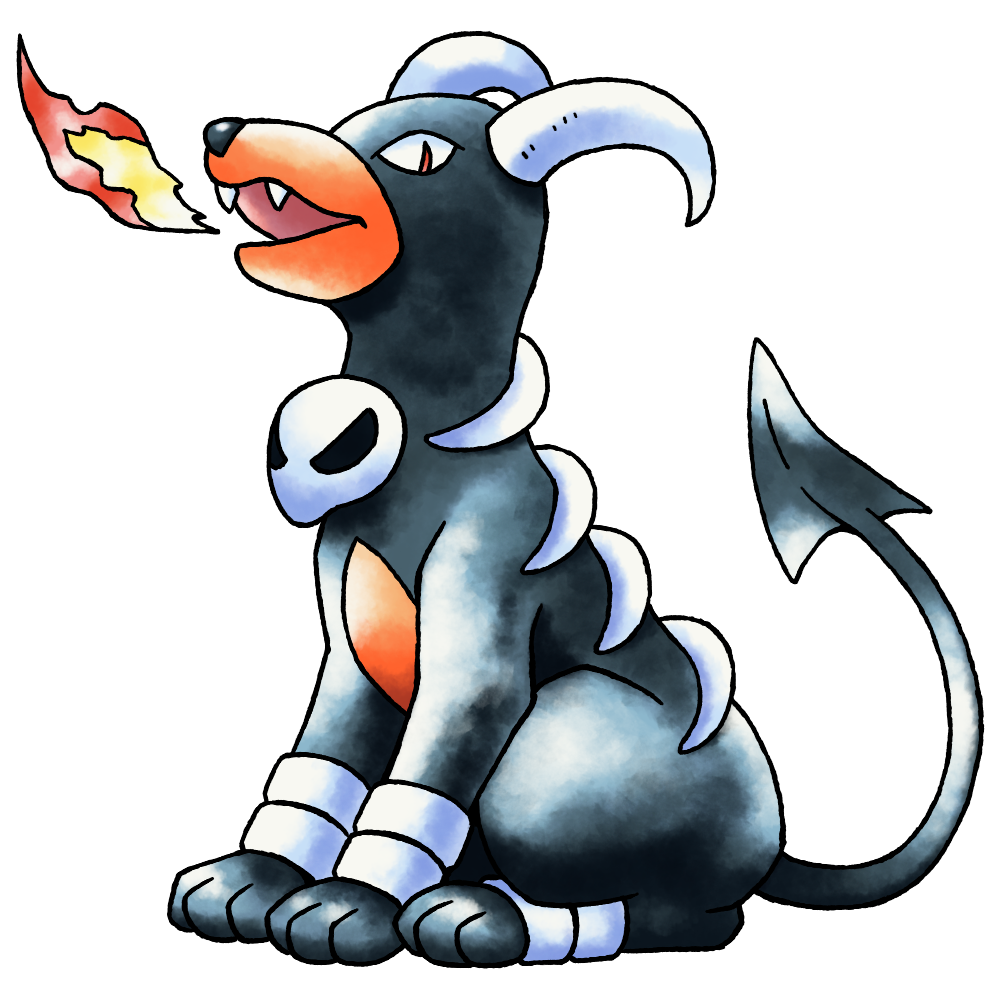 bangle black_fur black_tail bracelet breath_weapon breathing_fire curled_horns derivative_work dog downturned_eyes fangs fire forked_tail from_side full_body gen_2_pokemon horns houndoom jewelry looking_back nintendo no_humans official_style open_mouth pokemon pokemon_(creature) pokemon_focus pokemon_gsc_(prototype) prototype_design raciebeep red_eyes sanpaku simple_background sitting skull_brooch slit_pupils solo sugimori_ken_(style) tachi-e tail transparent_background watercolor_effect white_horns