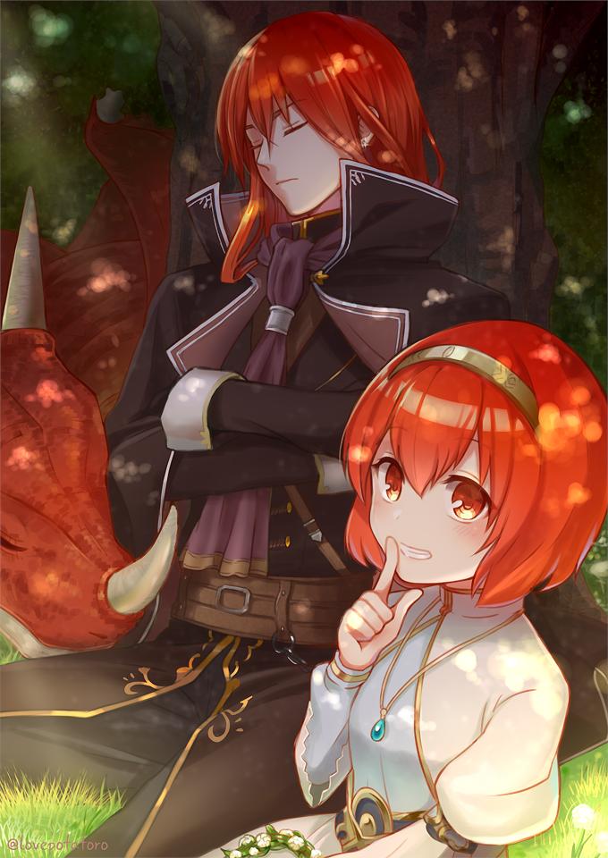 1boy 1girl belt brother_and_sister closed_eyes closed_mouth crossed_arms day dragon finger_to_mouth fire_emblem fire_emblem:_mystery_of_the_emblem fire_emblem_heroes grass hairband jewelry long_hair long_sleeves maria_(fire_emblem) misheil_(fire_emblem) necklace nintendo outdoors potiko_(3110) red_eyes red_hair short_hair shushing siblings sleeping tree twitter_username wyvern