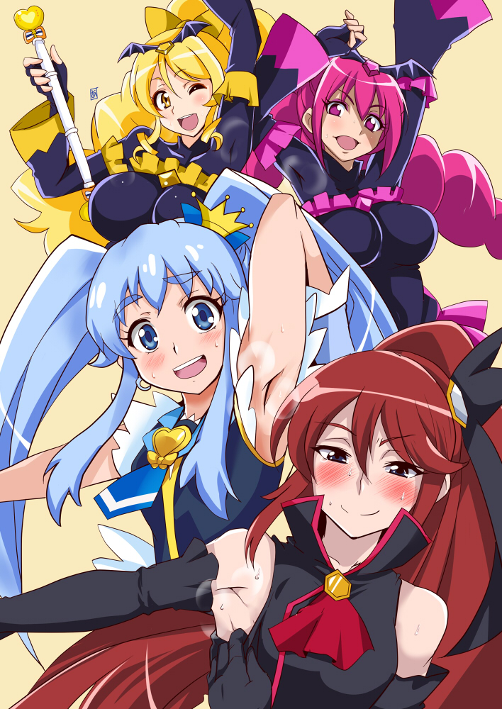 4girls ;d aoi_manabu armpits bad_end_happy bad_end_peace bad_end_peace_(cosplay) bad_end_precure black_bodysuit black_gloves blonde_hair blue_eyes blue_hair blush bodysuit brooch cosplay crown cure_honey cure_princess earrings elbow_gloves fingerless_gloves genderswap genderswap_(mtf) gloves gold_crown hair_ornament hairpin happinesscharge_precure! heart heart_brooch high_ponytail jewelry long_hair mini_crown multiple_girls one_eye_closed oomori_yuuko open_mouth phantom_(happinesscharge_precure!) pink_eyes pink_hair ponytail precure red_hair shirayuki_hime smile smile_precure! twintails unlovely_(happinesscharge_precure!) wand wide_ponytail yellow_background yellow_eyes