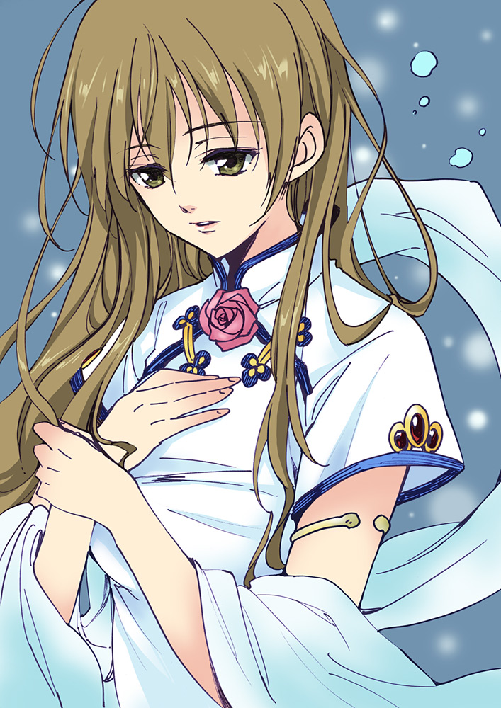 1girl agahari akanegasaki_sora brown_hair bubble china_dress chinese_clothes dress ever_17 female_focus long_hair open_mouth shawl solo very_long_hair
