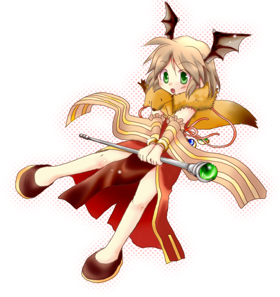 1girl :o animal animal_around_neck black_wings blush brown_hair brown_shoes brown_sleeves commentary_request demon_wings detached_sleeves dress fox full_body green_eyes head_wings holding holding_staff looking_at_viewer open_mouth pelvic_curtain professor_(ragnarok_online) ragnarok_online red_dress shoes short_hair simple_background sleeveless sleeveless_dress solo staff striped_sleeves suni_(pixiv401818) white_background wings yellow_sleeves