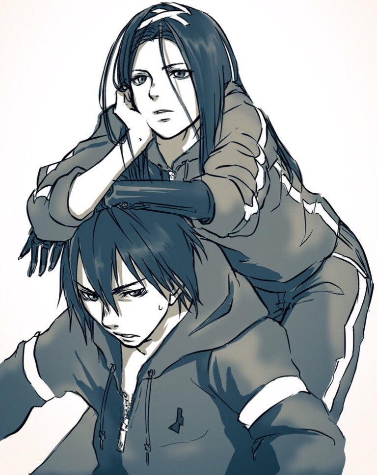 1boy 1girl alternate_costume biomega greyscale kanoe_zouichi lips long_hair mechanical_arms monochrome nishu_mizunoe simple_background single_mechanical_arm sweatdrop track_suit white_background
