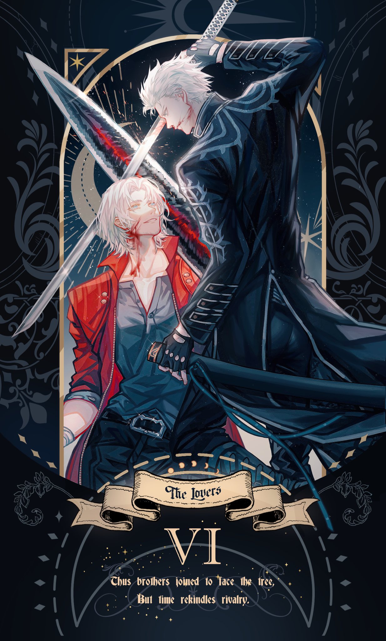 2boys arm_up belt black_belt black_coat black_footwear black_gloves black_pants black_shirt blood blood_on_face blue_background blue_eyes boots brothers closed_mouth coat collared_jacket crescent dante_(devil_may_cry) devil_may_cry_(series) devil_may_cry_5 english_text fighting fingerless_gloves gloves gradient_background grey_background hair_between_eyes highres holding holding_sword holding_weapon injury jacket katana lolvivianli long_sleeves looking_at_another male_focus moon_phases multiple_boys nosebleed open_clothes open_jacket pants rebellion_(sword) red_jacket shirt short_hair siblings simple_background smile sparkle standing star_(symbol) sword t-shirt teeth twins v-shaped_eyebrows vergil_(devil_may_cry) weapon white_hair yamato_(sword) yaoi