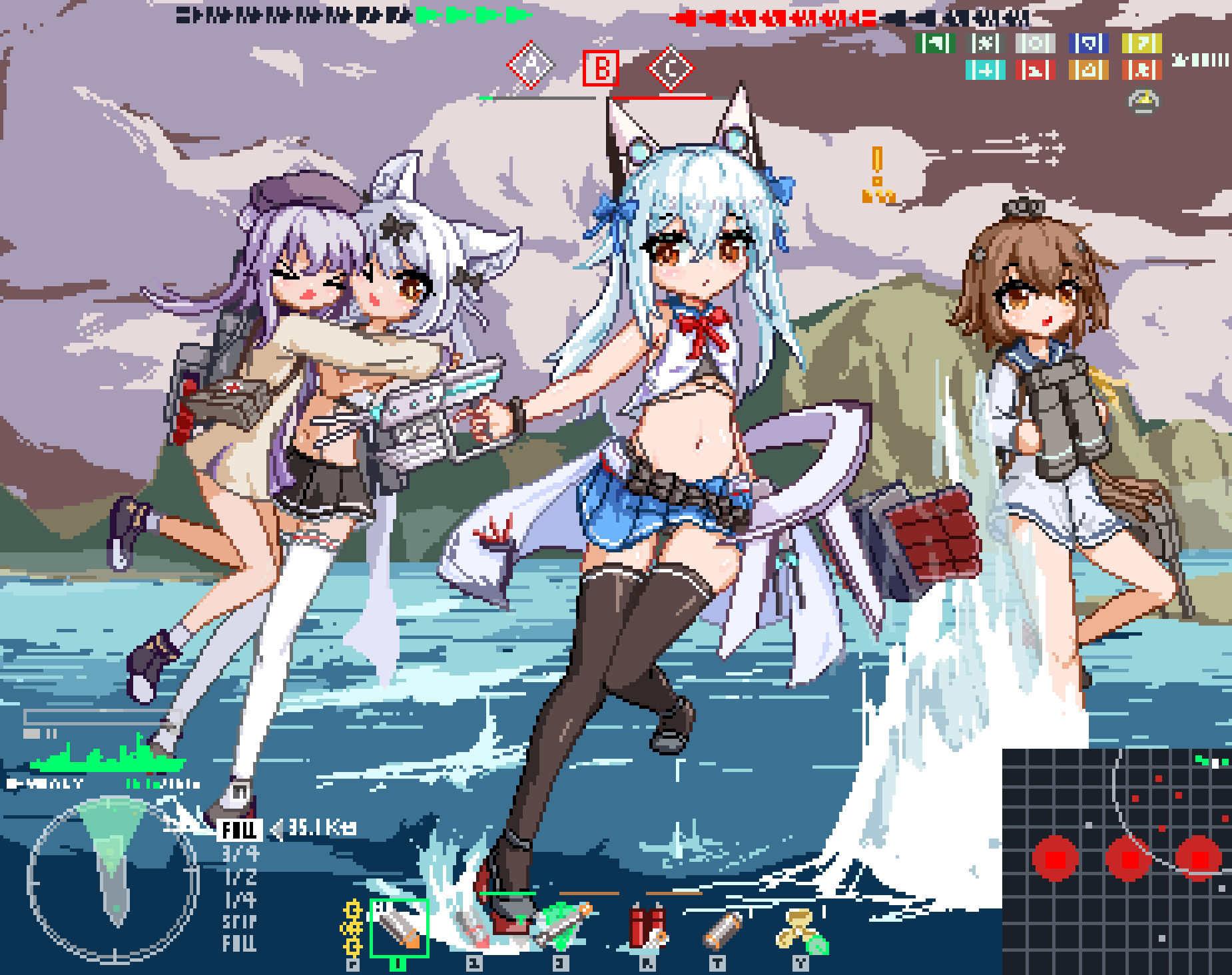 &gt;_&lt; &gt;_o 4girls azur_lane binoculars black_footwear black_skirt black_thighhighs blue_hair blue_skirt brown_hair character_request gameplay_mechanics hair_between_eyes highres holding holding_binoculars hug jiaojuangagami kantai_collection mechanical_ears midriff miniskirt multiple_girls one_eye_closed pixel_art pleated_skirt skirt thighhighs torpedo_launcher torpedo_tubes water white_hair white_thighhighs world_of_warships yukikaze_(azur_lane) yukikaze_(kancolle) yukikaze_(warship_girls_r) zettai_ryouiki