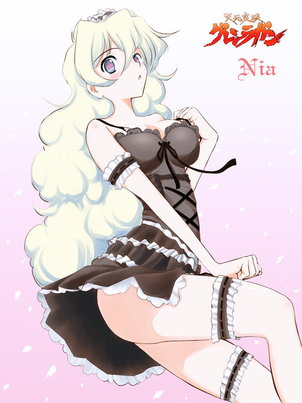 1girl bare_shoulders blonde_hair blue_eyes breasts character_name cleavage frilled_thigh_strap hair_between_eyes lingerie long_hair looking_at_viewer medium_breasts nia_teppelin niwatori_kokezou parted_lips solo symbol-shaped_pupils tengen_toppa_gurren_lagann thigh_strap underwear very_long_hair wavy_hair