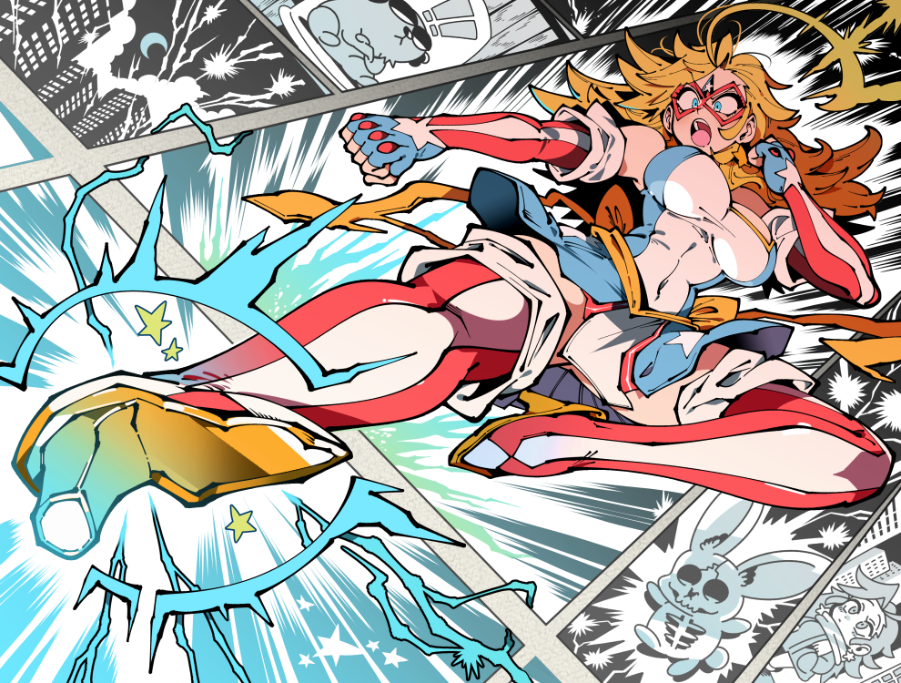 blonde_hair blue_eyes breasts chibi covered_navel crescent_moon earrings eye_mask fingerless_gloves foreshortening gloves hand_up high_heels incoming_kick jewelry kafun kamen_america kamen_america_(comic) large_breasts long_hair moon open_mouth rabbit star_(symbol) star_earrings superhero_costume teeth upper_teeth_only