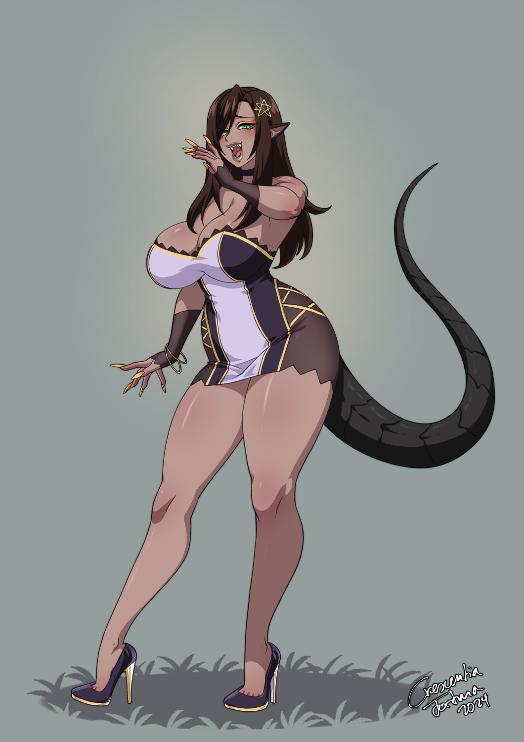 1girl borrowed_character breasts brown_hair cleavage commission crescentia_fortuna dark-skinned_female dark_skin dragon_tail fingernails gold_nails green_eyes high_heels highres long_fingernails long_hair nail_polish original pointy_ears solo tail