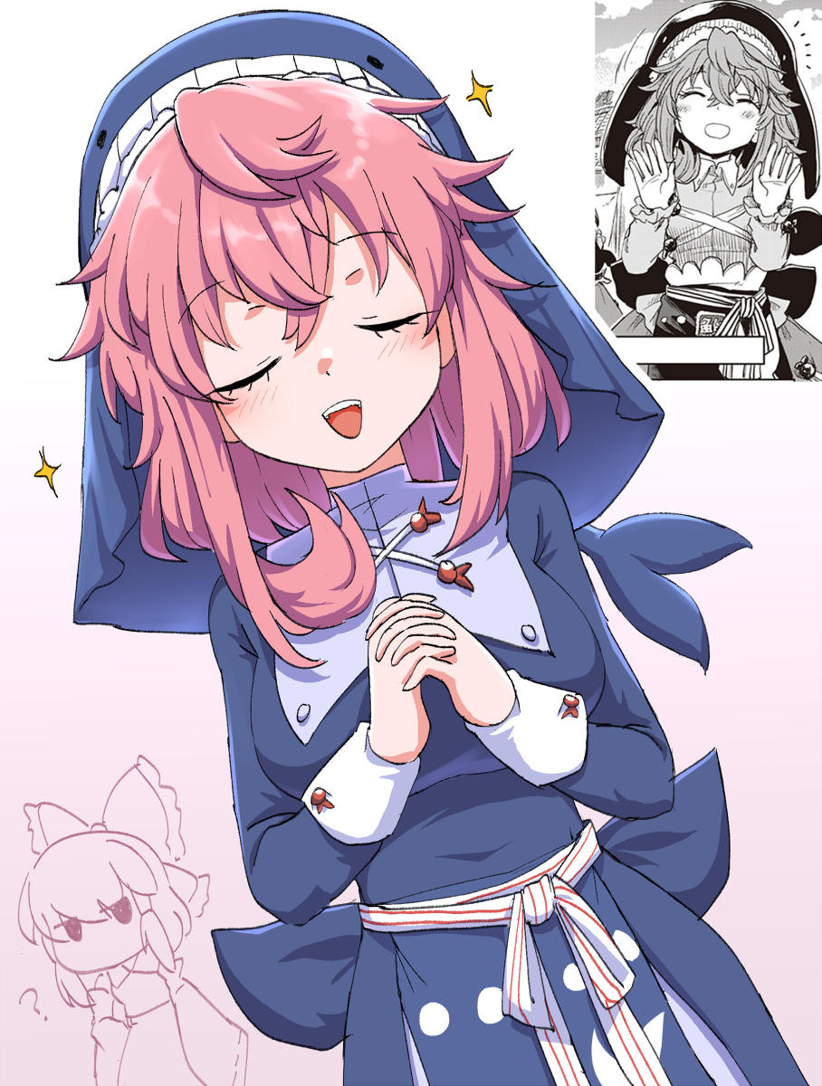 2girls :d adapted_costume animal_hat back_bow blue_dress blush bow breasts chibi chibi_inset closed_eyes collared_dress commentary cowboy_shot crossed_bangs dress dutch_angle english_commentary gradient_background hair_bow hakurei_reimu hands_up hat highres long_sleeves lotus_eaters medium_hair mizumoto_tadashi multiple_girls nun okunoda_miyoi open_mouth own_hands_clasped own_hands_together pink_hair praying sash sidelocks simple_background sketch_inset sleeve_cuffs smile solo_focus sparkle striped_sash teeth touhou upper_teeth_only whale_hat white_sleeve_cuffs wool_(miwol)
