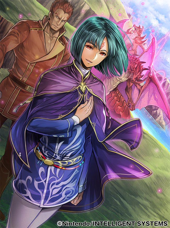 2boys belt black_hair cape collared_shirt colored_skin company_name dragon fire_emblem fire_emblem:_radiant_dawn fire_emblem_cipher gareth_(fire_emblem) hand_on_own_chest kurthnaga_(fire_emblem) multiple_boys nintendo official_art open_mouth outdoors red_eyes red_hair red_skin shirt toyota_saori turtleneck