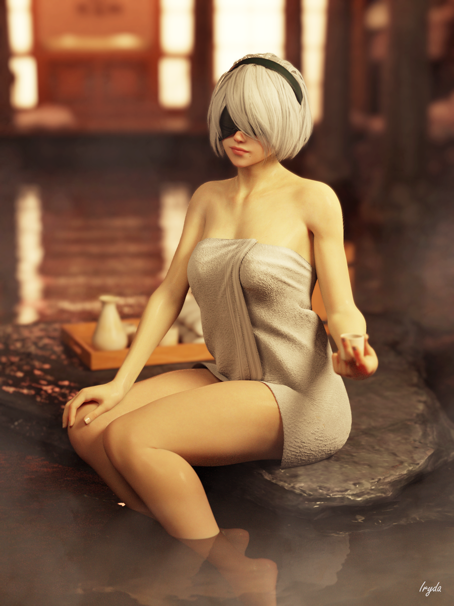1girl 2b_(nier:automata) 3d barefoot black_blindfold black_hairband blindfold blurry depth_of_field hairband highres iryda naked_towel nier:automata nier_(series) onsen sitting solo towel