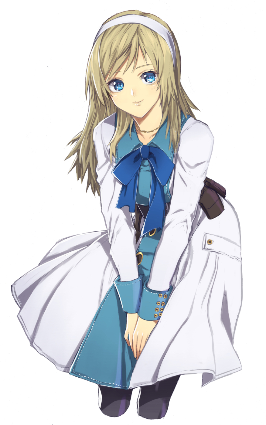 1girl black_pantyhose blonde_hair blue_eyes closed_mouth dress end_of_eternity hairband highres long_hair looking_at_viewer murata_tefu pantyhose reanbell simple_background skirt smile solo white_background