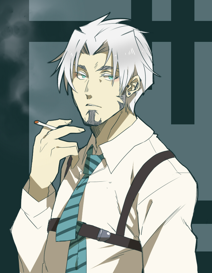 blue_background blue_eyes blue_necktie chest_harness chest_strap cigarette dress_shirt facial_hair facing_to_the_side goatee green_background gurast harness holding holding_cigarette holster looking_to_the_side necktie original shirt sideburns smoke striped_necktie white_hair white_shirt