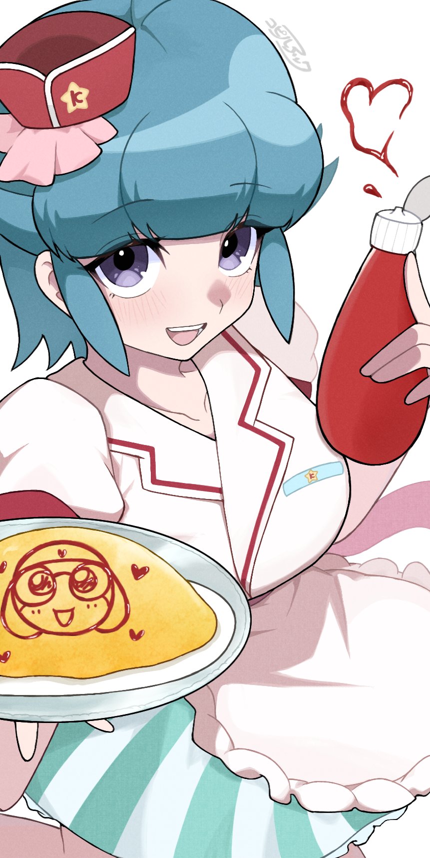 1boy 1girl alternate_costume apron blue_hair bow breasts collarbone colored_skin fang food frog_boy green_skirt heart highres keroro_gunsou ketchup ketchup_bottle kohiru_atsuku looking_at_viewer medium_breasts nishizawa_momoka omelet omurice open_mouth purple_eyes short_hair shoshinsha_mark skirt spiked_hair tamama tray two-tone_skirt waitress white_background white_skirt