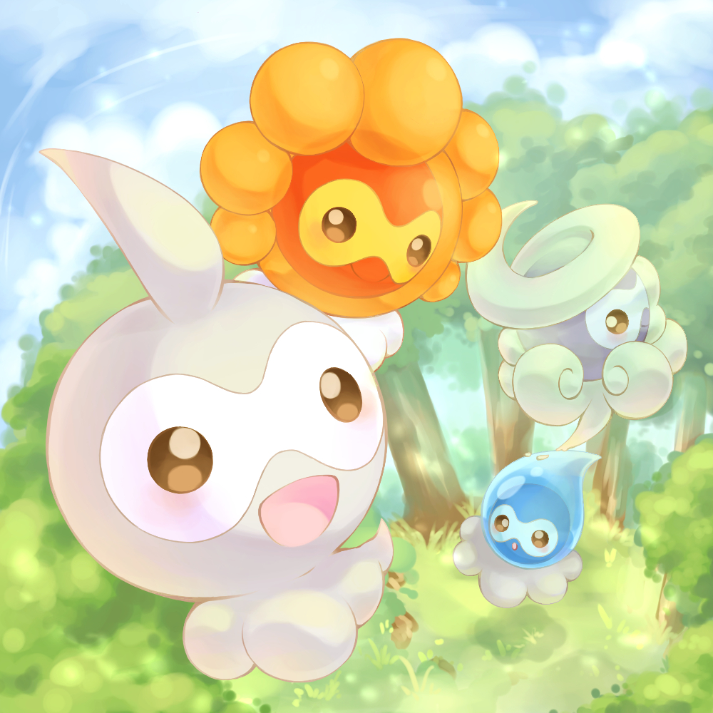 :d :o blush brown_eyes bush castform castform_(normal) castform_(rainy) castform_(snowy) castform_(sunny) closed_mouth commentary_request day gen_3_pokemon grass nintendo no_humans open_mouth outdoors pokemon pokemon_(creature) putto smile tree