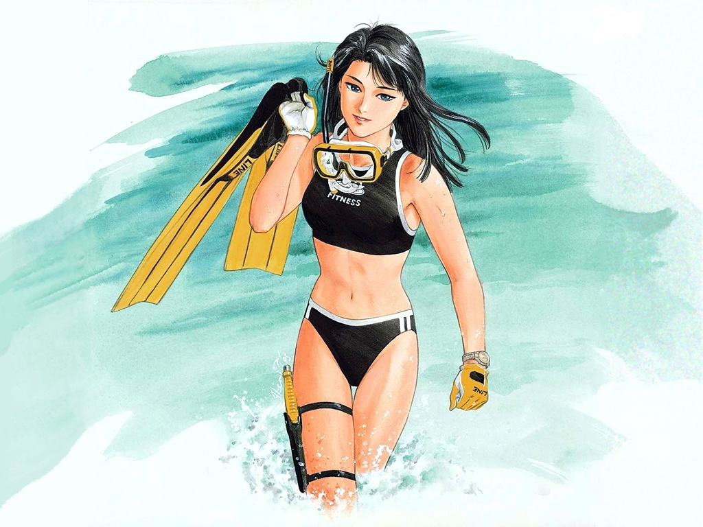 1girl bikini black_bikini black_hair carrying diving_mask female_focus flippers gloves goggles kanuka_clancy kidou_keisatsu_patlabor long_hair navel partially_submerged sheath snorkel solo submerged swept_bangs swimsuit takada_akemi wading watch water wristwatch