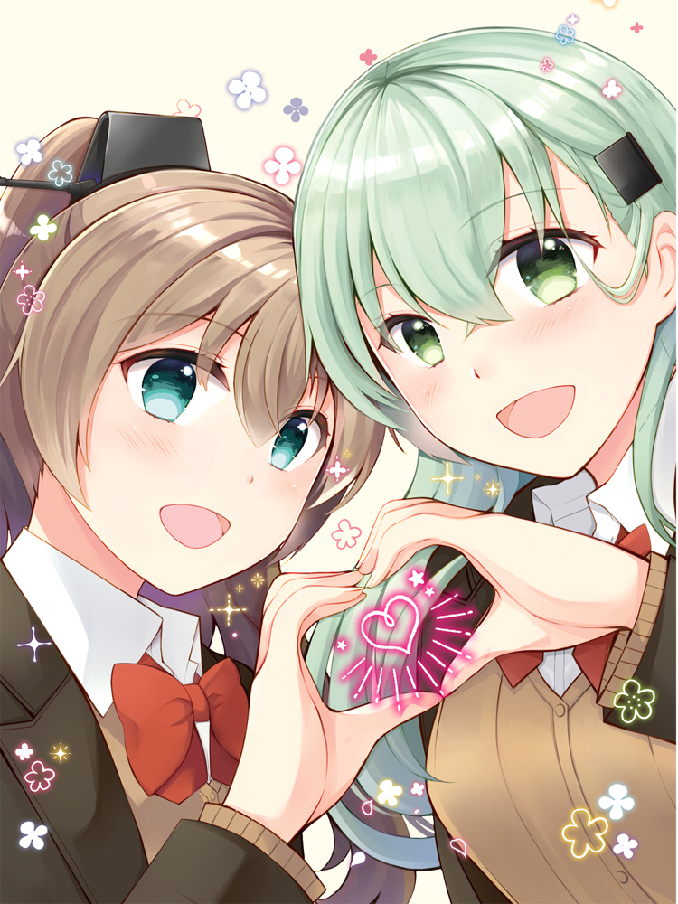 aqua_eyes aqua_hair blazer blue_eyes blush bow bowtie breasts brown_background brown_cardigan brown_hair brown_jacket cardigan frilled_skirt frills hair_ornament hairclip heart heart_hands heart_hands_duo jacket kantai_collection kumano_(kancolle) kumano_kai_ni_(kancolle) long_hair long_sleeves looking_at_viewer open_cardigan open_clothes orange_bow orange_bowtie ponytail red_bow red_bowtie school_uniform skirt smile solo suzuya_(kancolle) suzuya_kai_ni_(kancolle) teramoto_kaoru upper_body