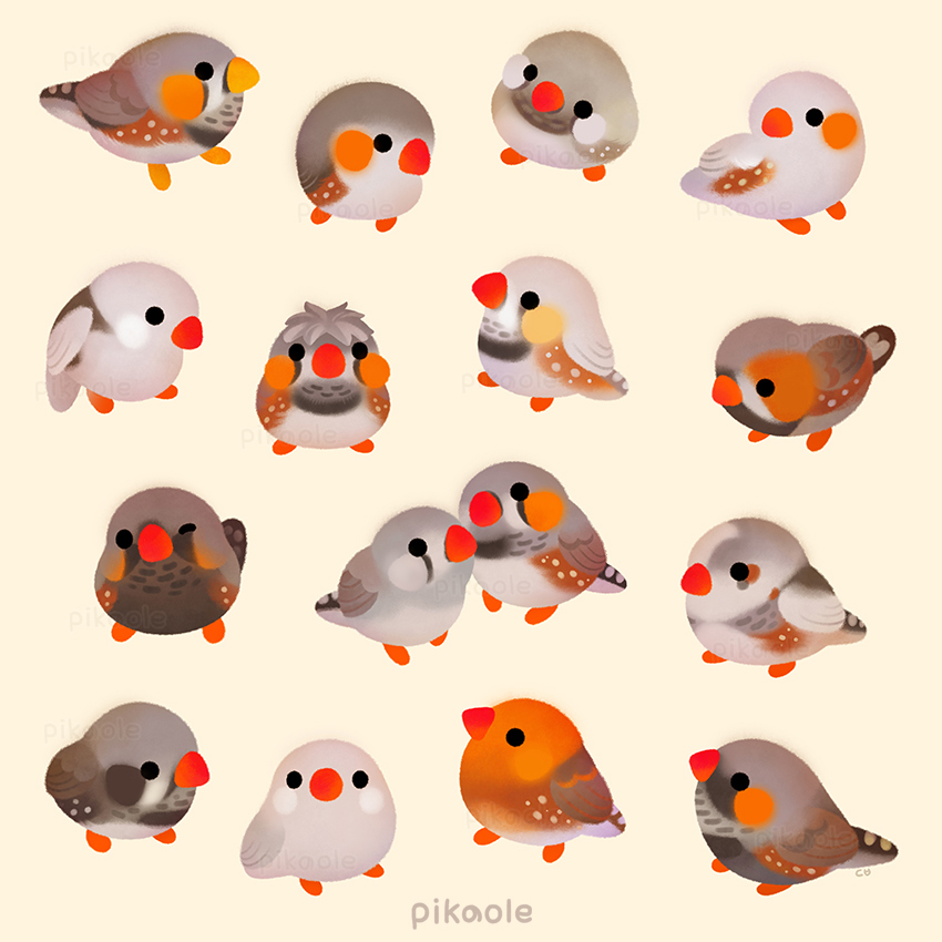 animal animal_focus artist_name bird black_eyes commentary english_commentary finch no_humans one_eye_closed original pikaole simple_background solid_circle_eyes watermark yellow_background zebra_finch
