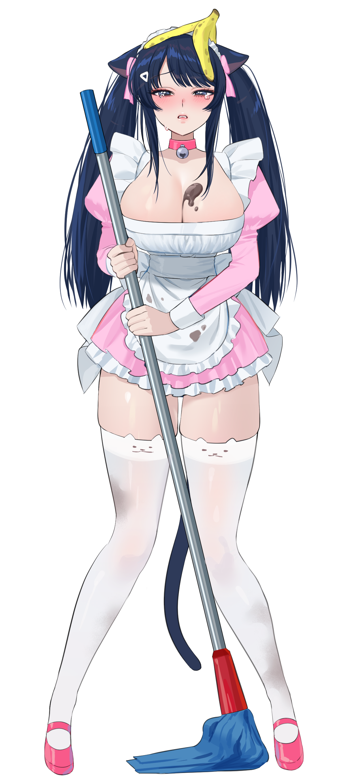1girl absurdres animal_ear_legwear animal_ears banana_peel bell black_eyes black_hair blush borrowed_character breasts broom cat_ear_legwear cat_ears cleavage collar commentary_request commission crying dirty dirty_clothes dress full_body goneuk_(lonely_w01f) hair_ornament hairclip highres holding holding_mop korean_commentary large_breasts long_hair maid maid_headdress mop narrow_waist neck_bell original pink_collar pink_shoes shoes short_dress sidelocks solo tears thighhighs twintails white_thighhighs yuri_(dy0urre1n)