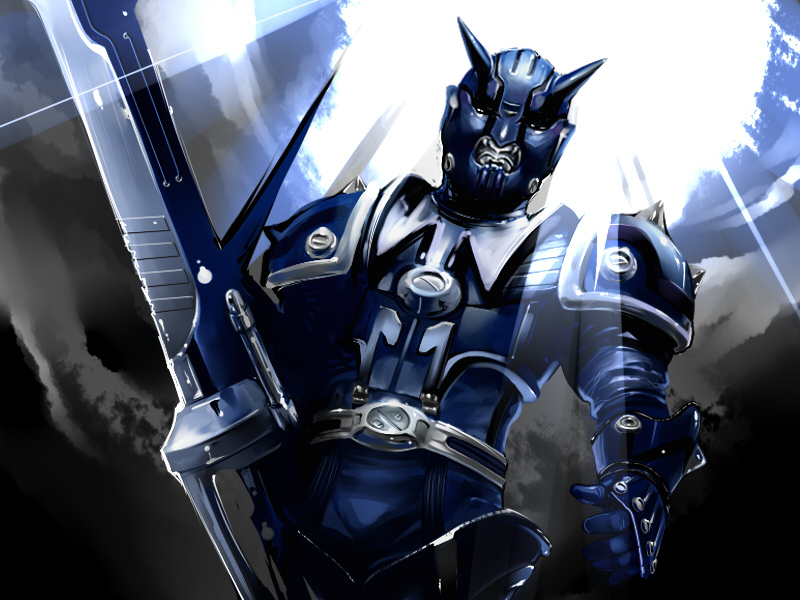 belt blue_oni doku_gorira horns kamen_rider kamen_rider_den-o_(series) male_focus monster oni solo sword teddy_(kamen_rider_den-o) weapon