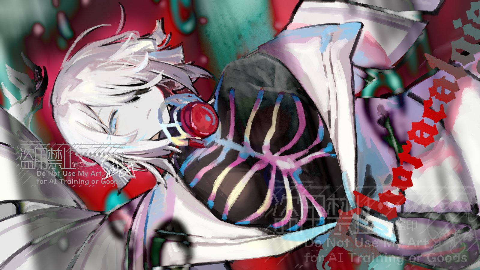 1girl black_bodysuit blue_eyes bodysuit breasts closed_mouth coat e.g.o_(project_moon) faust_(project_moon) highres kishimen_hair lab_coat large_breasts limbus_company looking_at_viewer musical_note nishikujic project_moon short_hair sideways skeleton_print solo thoracalgia_(e.g.o) white_coat white_hair