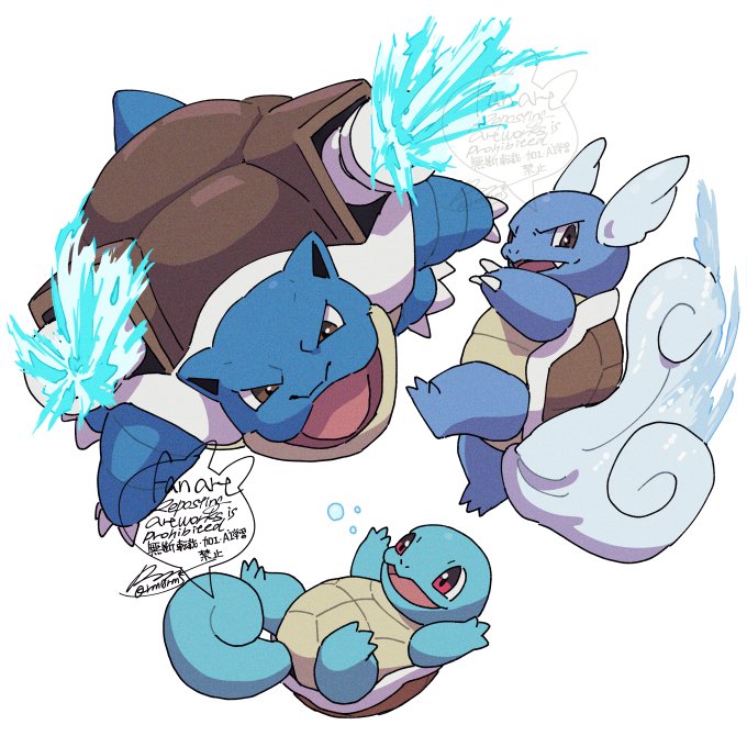blastoise brown_eyes bubble claws commentary evolutionary_line fang gen_1_pokemon nintendo no_humans open_mouth pokemon pokemon_(creature) sagemaru-br signature squirtle tongue wartortle water white_background