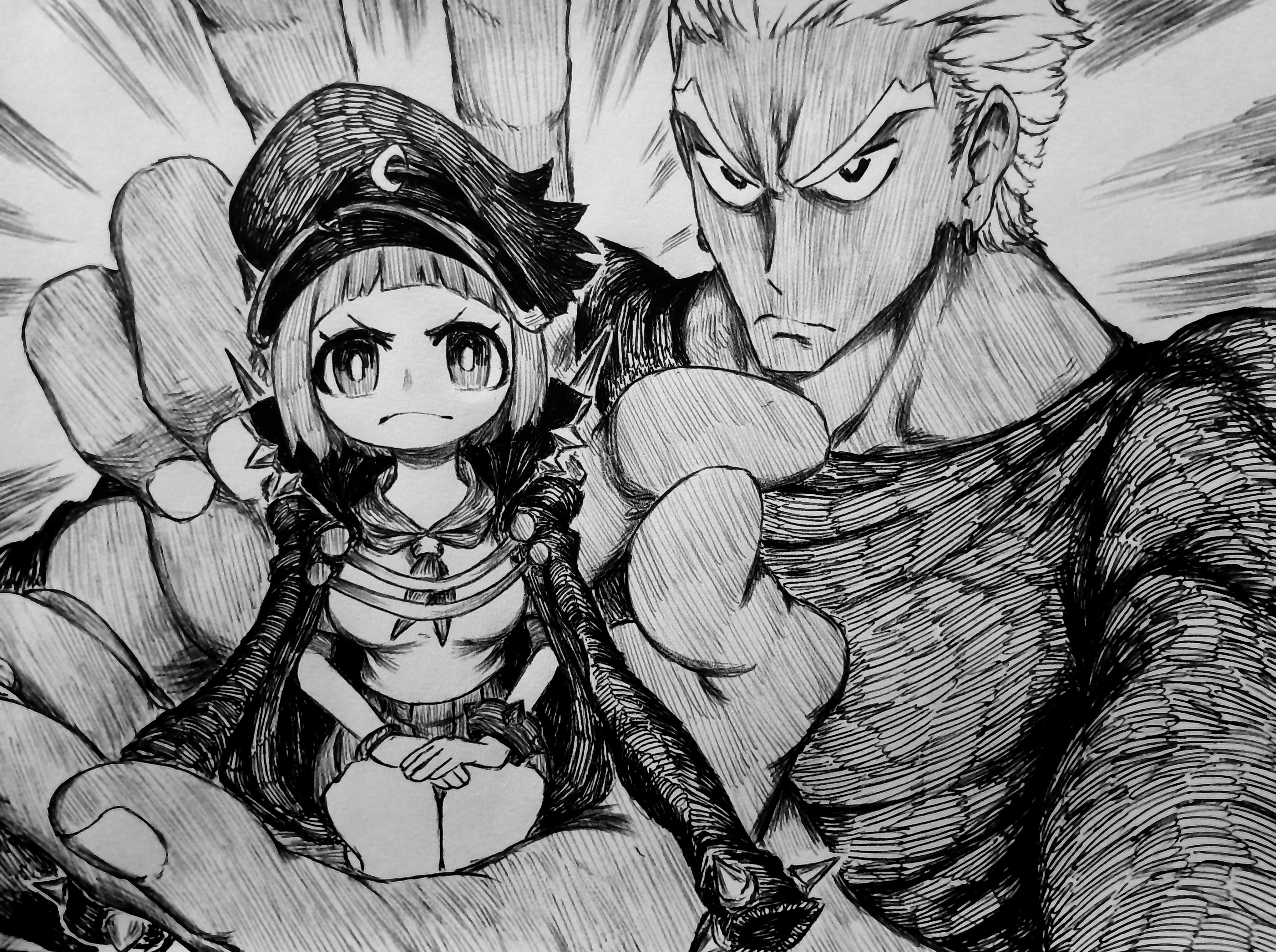 1boy 1girl absurdres arched_bangs breasts cape chronozbergh closed_mouth commentary eyelashes frown gamagoori_ira graphite_(medium) greyscale hat highres kill_la_kill looking_at_viewer mankanshoku_mako monochrome peaked_cap sailor_collar traditional_media v-shaped_eyebrows