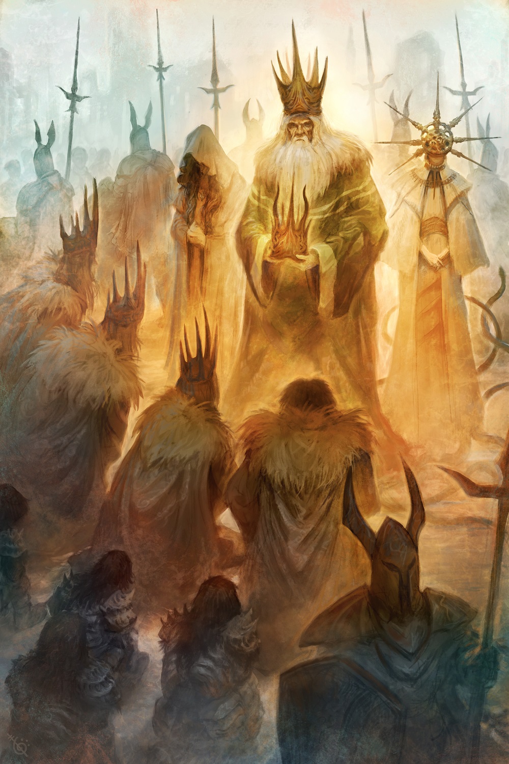 armor beard breastplate brother_and_sister commentary covered_eyes crown dark_souls_(series) dark_souls_i dark_sun_gwyndolin english_commentary facial_hair father_and_daughter father_and_son full_armor fur_trim gold_crown gwyn_lord_of_sunlight highres holding holding_crown holding_polearm holding_weapon hood hood_up kneeling knight long_beard long_hair pauldrons polearm queen_of_sunlight_gwynevere royal_robe shoulder_armor siblings snake spear the_four_kings warhuan weapon white_hair