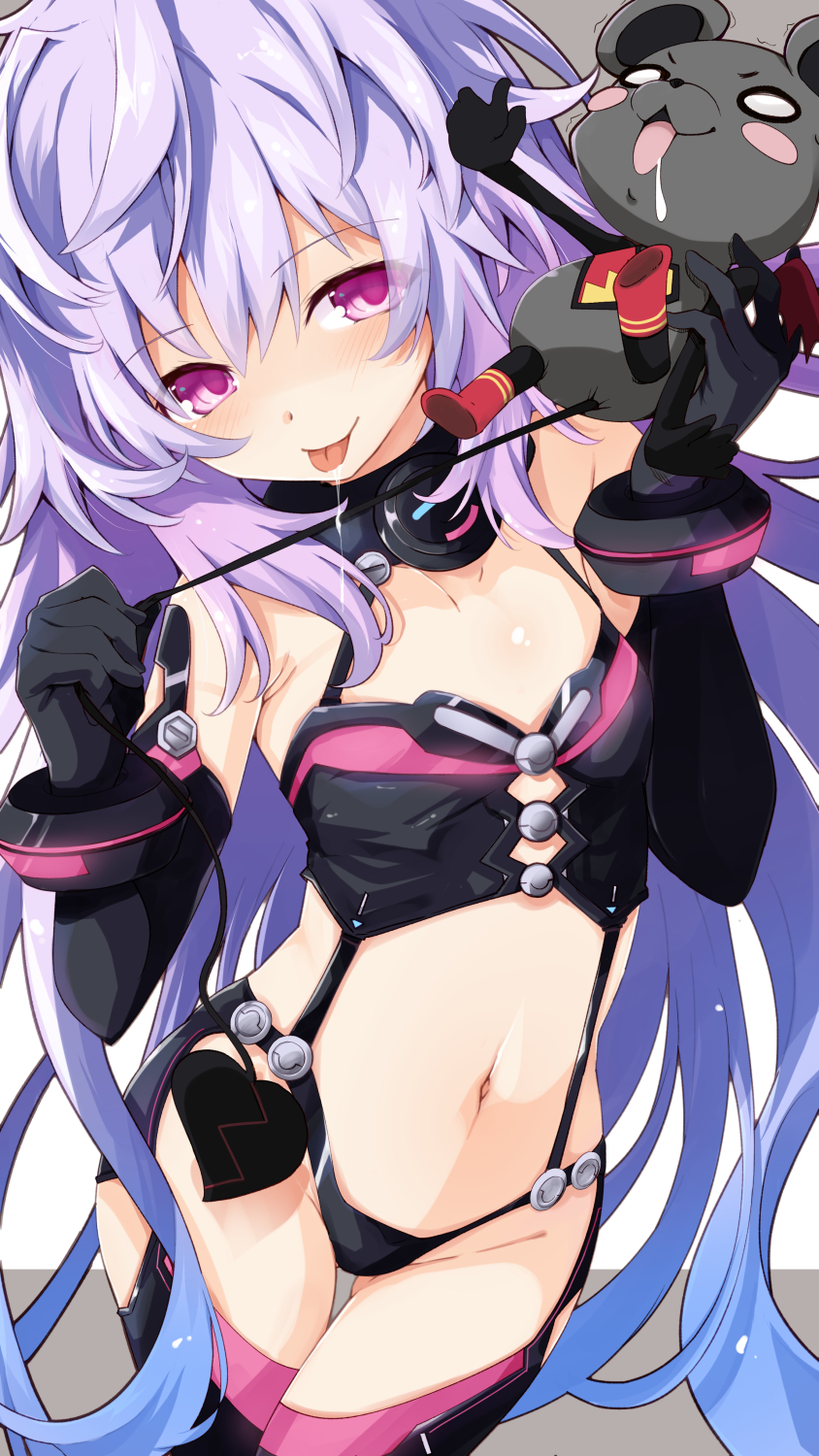 1girl 1other :p alternate_hair_color bare_shoulders bdsm black_gloves black_leotard blue_hair blush bondage_outfit boots breasts captured clothing_cutout cosplay cowboy_shot crossed_legs elbow_gloves gloves gradient_hair hair_between_eyes hands_up head_tilt highres hip_focus iris_heart iris_heart_(cosplay) iwashi_dorobou_-r- kami_jigen_game_neptune_v leotard long_hair looking_at_viewer messy_hair mouse_(animal) multicolored_hair navel neptune_(series) o_o pink_eyes purple_eyes purple_hair pururut revealing_clothes saliva scared sleeveless small_breasts standing stomach stomach_cutout tail_pull thigh_boots thigh_gap tongue tongue_out torture very_long_hair warechu
