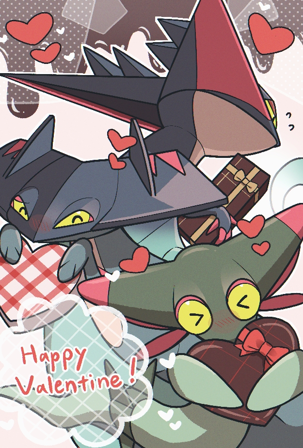 aqua_skin aru_(citrine_drplt) black_eyes blush box candy chocolate chocolate_heart closed_eyes colored_sclera colored_skin dragapult drakloak dreepy excited food gen_8_pokemon gift gift_box green_skin happy_valentine head_wings heart heart-shaped_box heart-shaped_food holding holding_gift nintendo no_humans pokemon pokemon_(creature) wings yellow_sclera