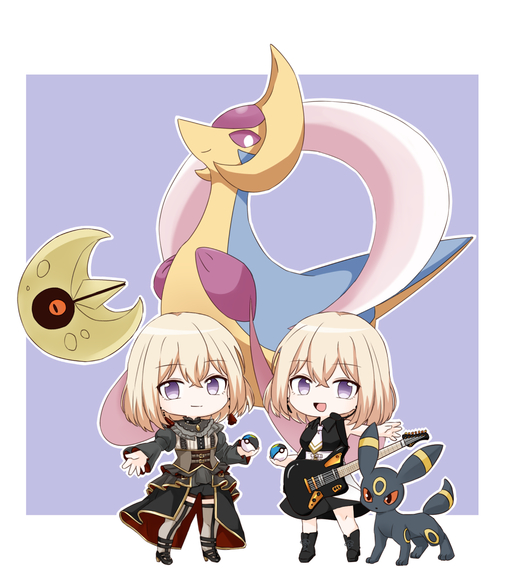 2girls 7-string_guitar bang_dream! bang_dream!_it&#039;s_mygo!!!!! black_boots black_dress boots brown_hair chibi commentary_request cresselia crossed_bangs doloris_(bang_dream!) dress dual_persona earrings electric_guitar extended_range_guitar gen_2_pokemon gen_3_pokemon gen_4_pokemon grey_thighhighs guitar hair_between_eyes holding holding_poke_ball instrument jewelry legendary_pokemon long_sleeves lunatone misumi_uika moon_ball multiple_girls nintendo official_alternate_costume open_mouth poke_ball pokemon porinki purple_eyes sleeveless sleeveless_dress thighhighs umbreon yellow_brooch