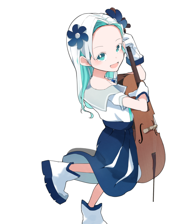 1girl :d blue_dress cello commentary commentary_request dress english_commentary forehead from_side gloves green_hair haneuzu_miuneru holding holding_instrument instrument looking_at_viewer mixed-language_commentary multicolored_hair open_mouth pleated_dress ryo_(ryo_skrdi) shirt shoes short_sleeves smile solo standing standing_on_one_leg transparent_background two-tone_hair virtual_youtuber voms white_gloves white_hair white_shirt