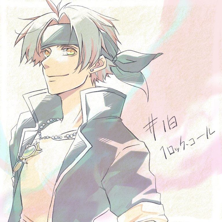 1boy ayana_(iqaw5cfohvdtver) black_jacket brown_eyes character_name closed_mouth earrings final_fantasy final_fantasy_vi grey_hair headband jacket jewelry locke_cole looking_at_viewer male_focus necklace parted_bangs popped_collar shirt short_hair sketch smile solo upper_body watercolor_effect white_shirt
