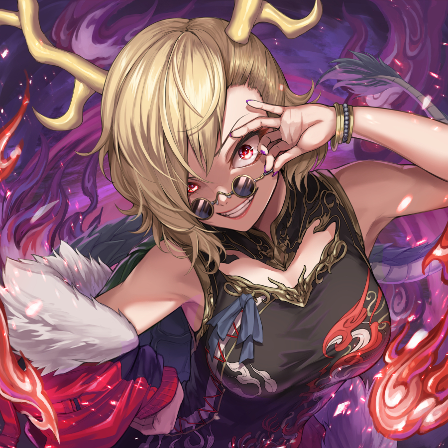 1girl adjusting_eyewear analogous_colors antlers bare_arms bare_shoulders blonde_hair cleavage_cutout clothing_cutout crazy_eyes dragon_girl dragon_horns dragon_tail dress eurobeat evil_eyes evil_smile fur-tipped_tail glasses green_scales green_tail horns kicchou_yachie looking_at_viewer looking_over_eyewear monster_girl purple_background purple_nails re_(re_09) red_eyes round_eyewear scales short_hair sleeveless sleeveless_dress smile solo sunglasses tail tinted_eyewear touhou turtle_shell yellow-framed_eyewear yellow_horns