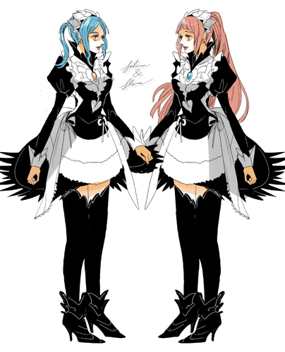 2girls apron blue_hair feather_trim felicia_(fire_emblem) fire_emblem fire_emblem_fates flora_(fire_emblem) high_heels long_hair long_sleeves lowres maid maid_apron maid_headdress multiple_girls nintendo pink_hair ponytail siblings sisters smile thighhighs tsuko_(25mnts)