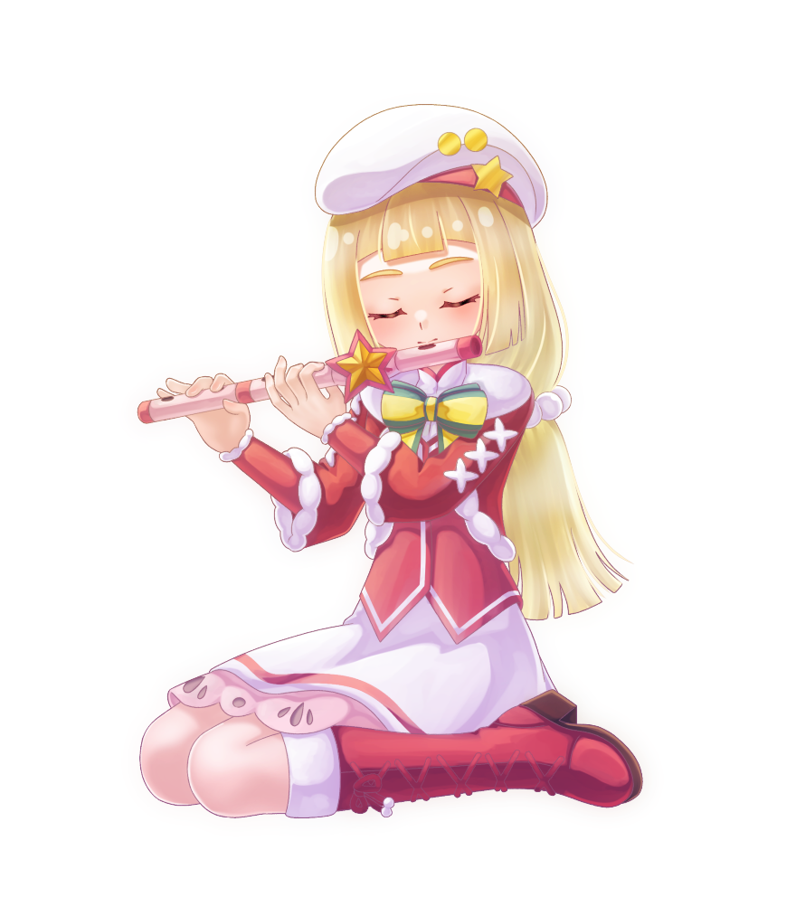 1girl beads beret blonde_hair blunt_bangs boots closed_eyes commentary_request flute full_body hair_beads hair_ornament hands_up hat holding holding_flute holding_instrument instrument jacket jyouka lace-up_boots lillie_(holiday_2024)_(pokemon) lillie_(pokemon) long_hair music nintendo official_alternate_costume playing_instrument pokemon pokemon_masters_ex red_boots red_jacket simple_background sitting solo white_background white_hat