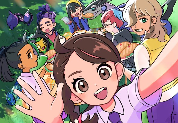 2boys 4girls :d ^_^ ahoge arven_(pokemon) black_hair black_hoodie blue_hair blue_skin blueberry_academy_school_uniform blush blush_stickers braid brown_hair carmine_(pokemon) closed_eyes collared_shirt colored_inner_hair colored_skin crossed_bangs cup dappled_sunlight dark-skinned_female dark_skin eating elbow_on_table elbow_rest fangs food food_in_mouth glasses grass green_hair grin hair_ornament hair_over_one_eye hairband hairclip hand_up holding holding_cup holding_food holding_plate holding_sandwich hood hood_down hoodie jacket juliana_(pokemon) kieran_(pokemon) light_brown_hair light_rays long_hair looking_at_viewer looking_back mmz0906 mole mole_under_eye multicolored_hair multiple_boys multiple_girls necktie nemona_(pokemon) nintendo ogerpon open_mouth orange_skin pants picnic plate poke_ball_hair_ornament pokemon pokemon_(creature) pokemon_sv ponytail purple_hair purple_necktie purple_pants purple_shorts reaching reaching_towards_viewer red_hair red_tank_top round_eyewear sandwich school_uniform selfie shirt short_hair short_sleeves shorts side_braid single_braid sleeping smile star-shaped_pupils star_(symbol) submarine_sandwich sunlight symbol-shaped_pupils tank_top terapagos terapagos_(normal) topknot two-tone_hair uva_academy_school_uniform vest waving white_jacket white_shirt yellow_eyes yellow_hairband yellow_vest