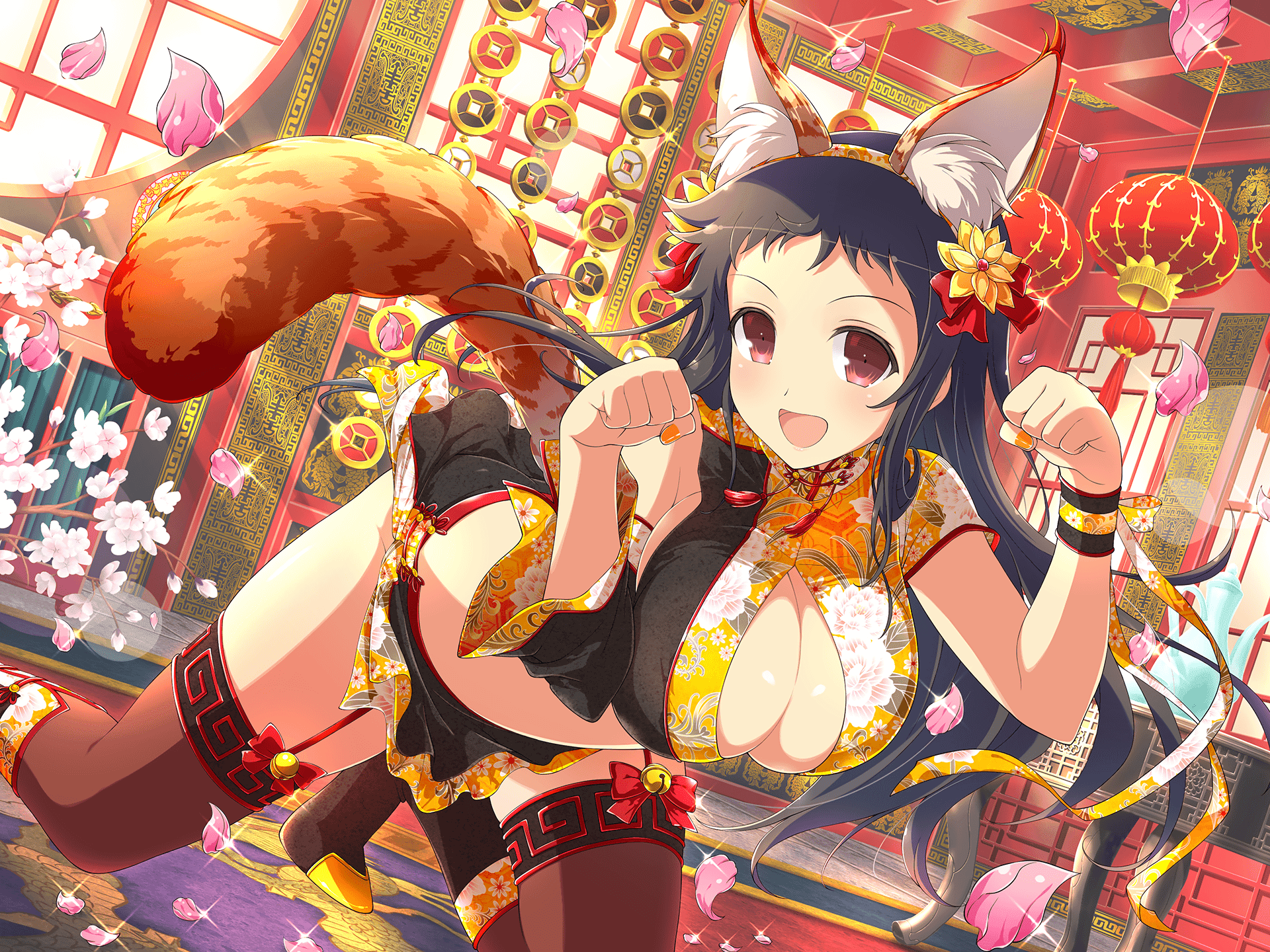 1girl animal_ears architecture ayame_(senran_kagura) black_hair blush breasts cat_ears cat_tail china_dress chinese_clothes cleavage dress east_asian_architecture falling_petals flower garter_straps hair_ornament hanging_lantern highres lantern large_breasts long_hair looking_at_viewer nail_polish official_alternate_costume official_art open_mouth orange_nails paper_lantern paw_pose petals red_eyes rug senran_kagura senran_kagura_new_link senran_kagura_new_wave smile solo table tail tassel teapot window yaegashi_nan