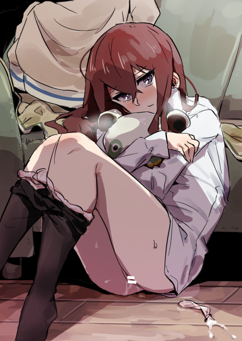 1girl aftersex bar_censor blush censored condom cum doll feet_out_of_frame female_focus hug hugging_doll hugging_object indoors kusugi_tai long_hair looking_at_viewer makise_kurisu panties_around_leg pussy red_hair solo steam steins;gate tagme upa_(steins;gate) used_condom