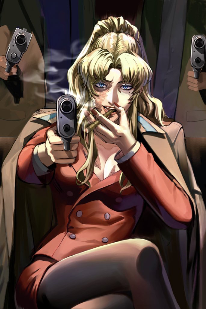 1girl 2boys balalaika_(black_lagoon) black_lagoon black_pantyhose blonde_hair blue_eyes breasts crossed_legs formal_clothes gun holding holding_gun holding_weapon kadoi_5200 large_breasts mature_female multiple_boys pantyhose red_suit scar scar_on_face sitting smoke smoke_trail suit tobacco weapon